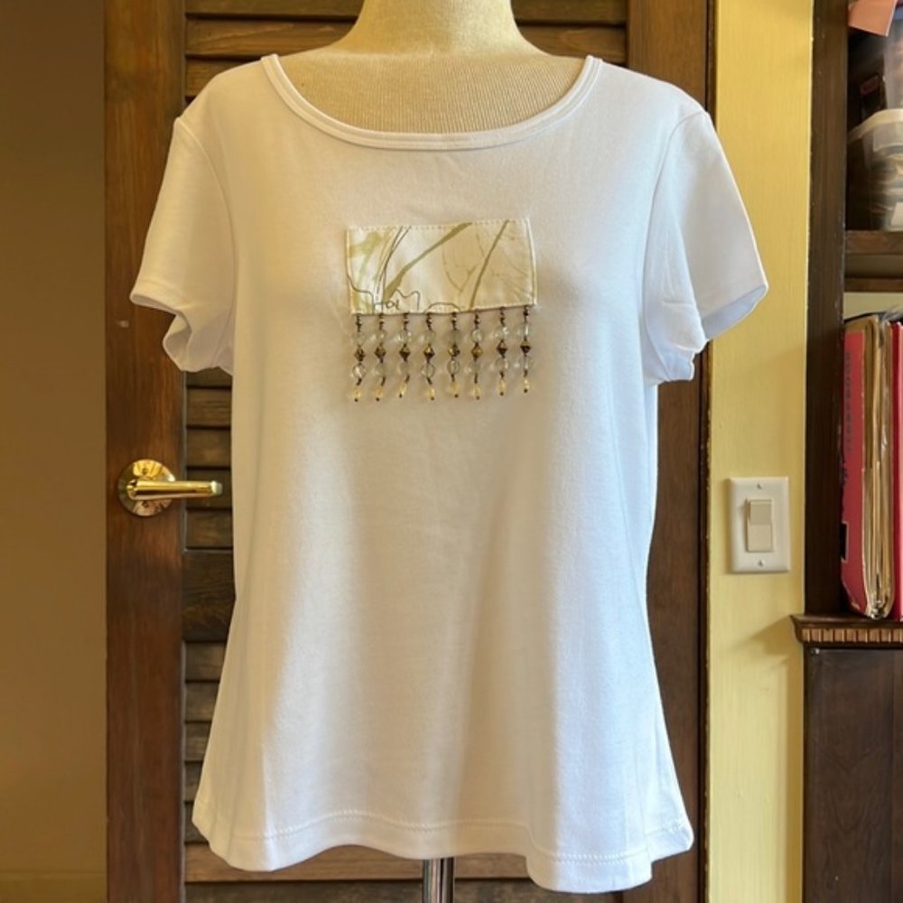 White with Sage Bead Detailed Tee - Picture 2 of 9